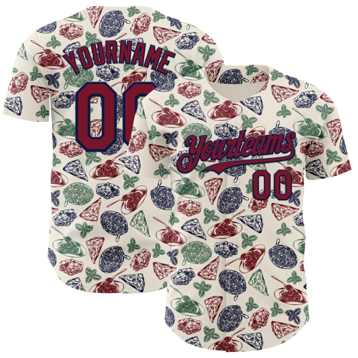 Custom Cream Crimson-Navy 3D Pattern Design Foodie Italian Food Doodles Authentic Baseball Jersey