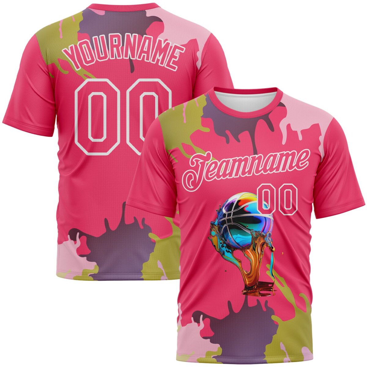 Custom Neon Pink-White 3D Pattern Paint Splash Basketball Graffiti Style Performance T-Shirt