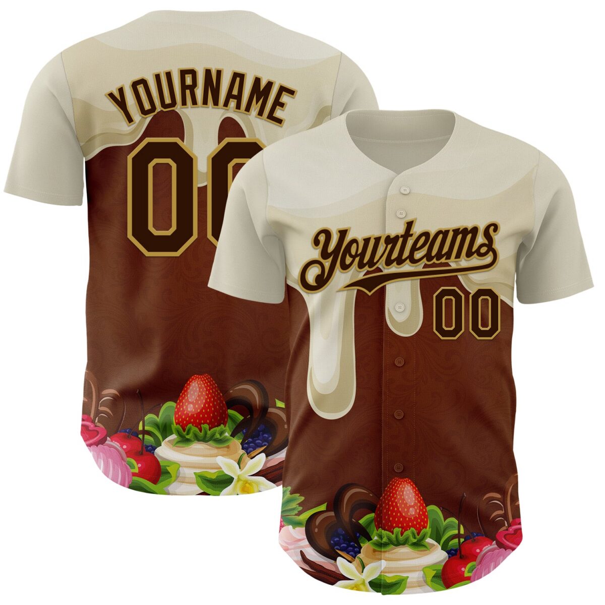 Custom Cream Brown-Old Gold Foodie Food Dessert Chocolate Fruit Authentic Baseball Jersey