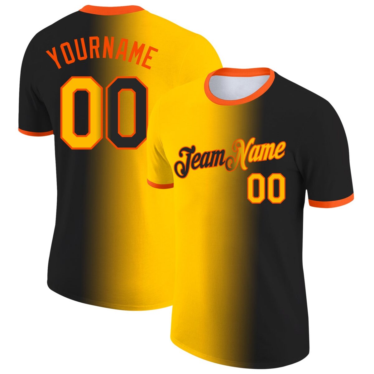 Custom Black Gold-Orange Gradient Fashion Performance T-Shirt