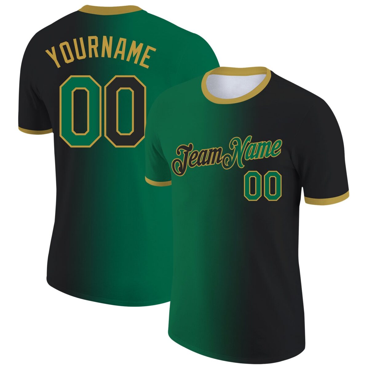 Custom Black Kelly Green-Old Gold Gradient Fashion Performance T-Shirt