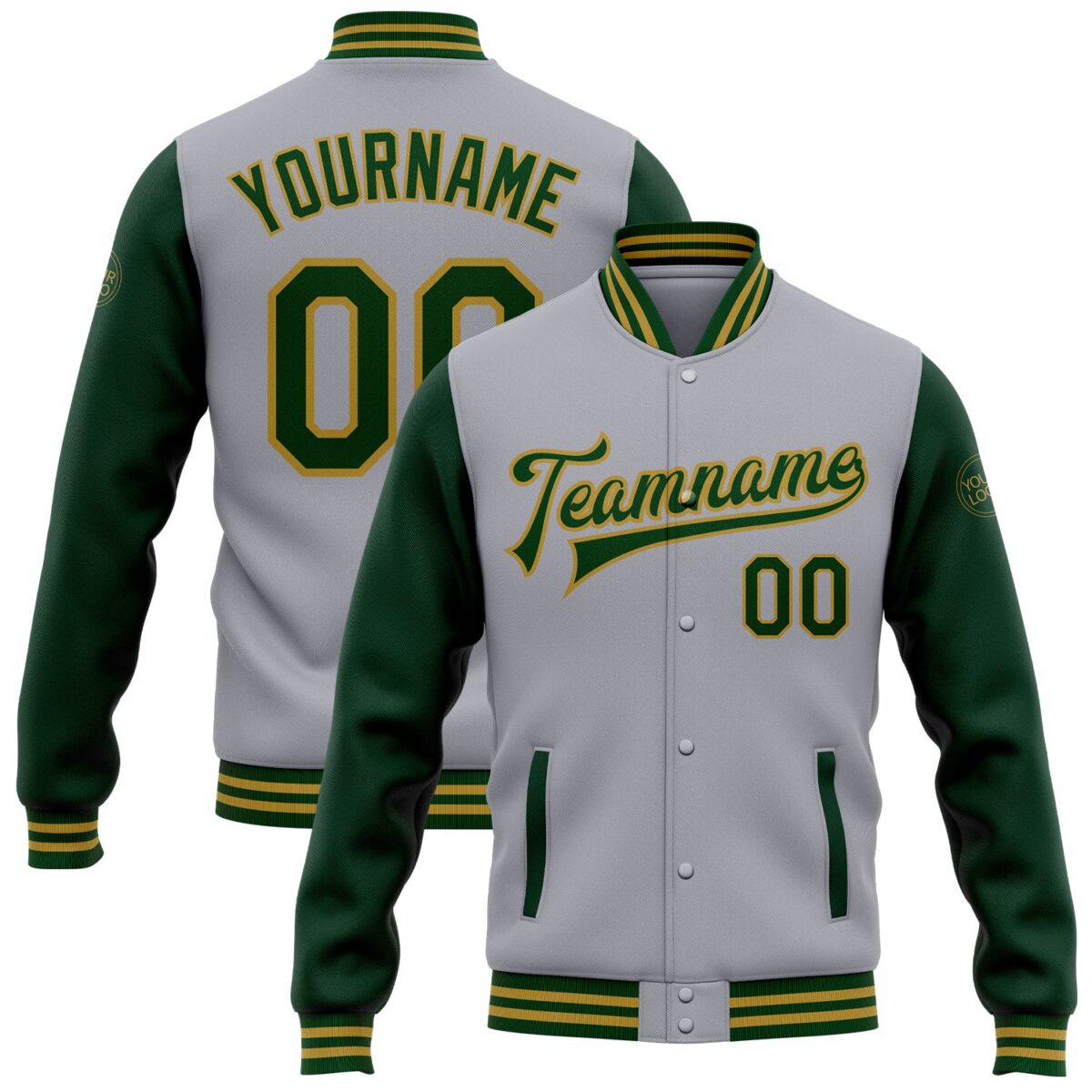 Custom Gray Green-Old Gold Bomber Full-Snap Varsity Letterman Two Tone Jacket