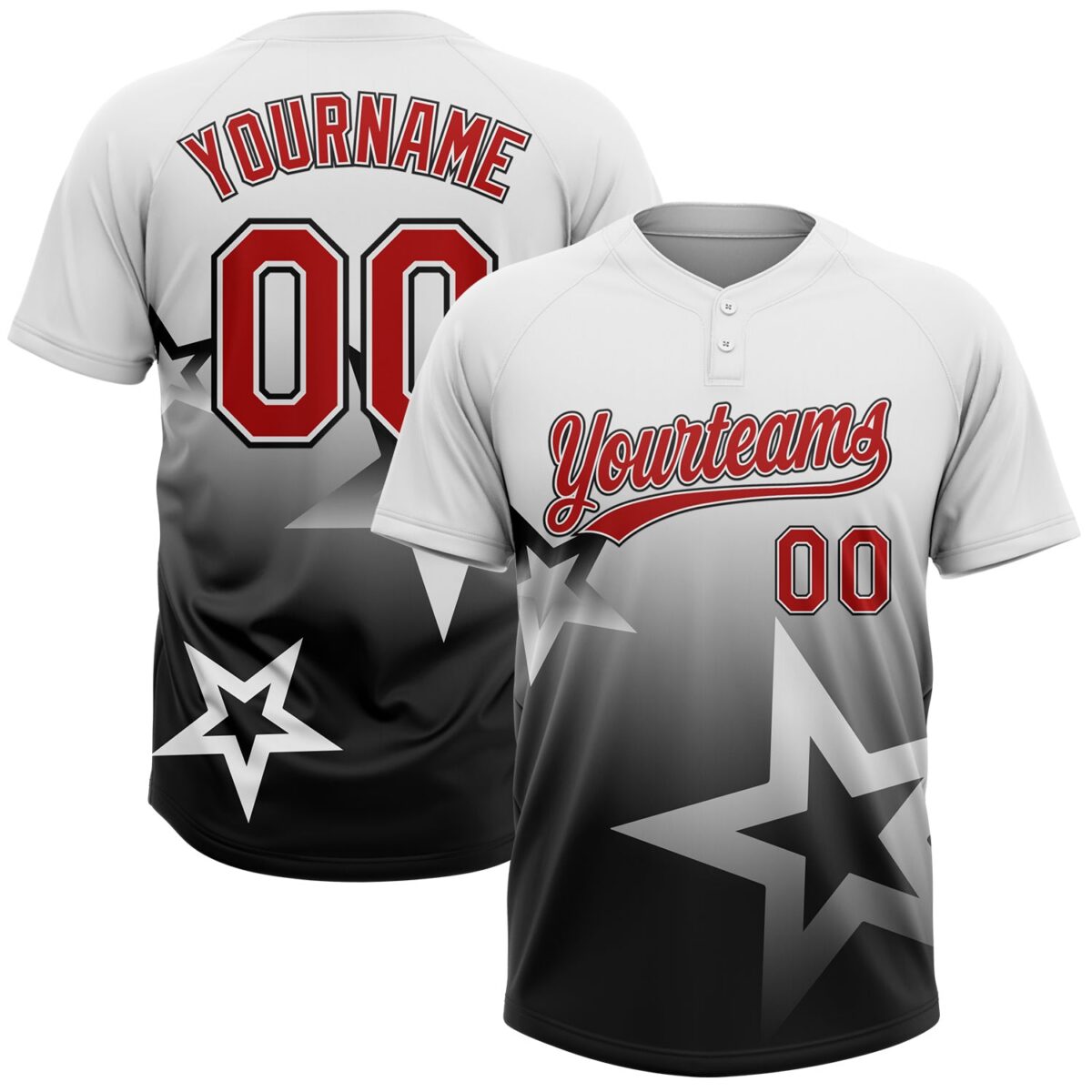 Custom White Red-Black Gradient Style Twinkle Star Two-Button Unisex Softball Jersey